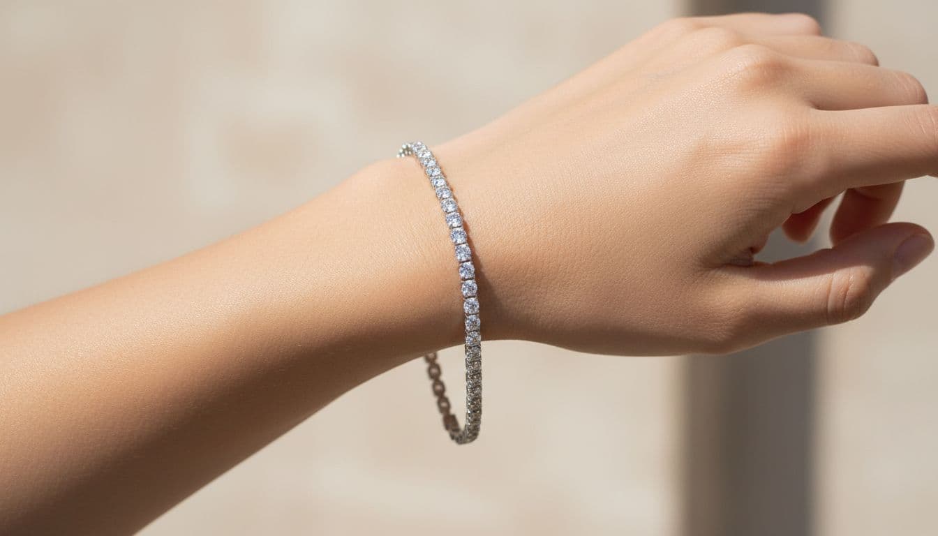 Close-up of slender wrist with continuous line of small diamonds in white gold tennis bracelet.
