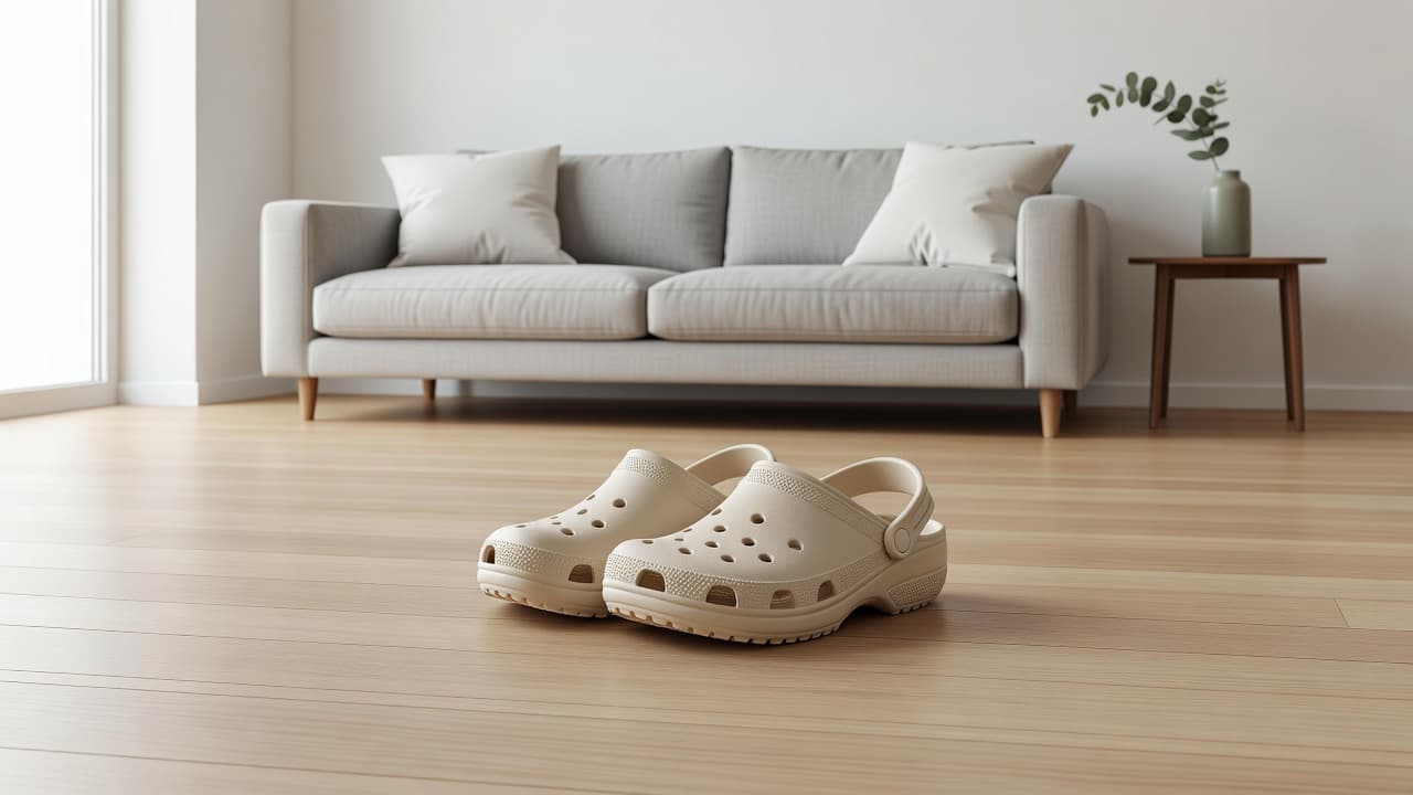 A pair of beige foam Crocs style of clogs rests neatly on polished light-coloured wooden floorboards. Soft sunlight floods the modern interior, highlighting the smooth contours and textured design of the casual footwear.