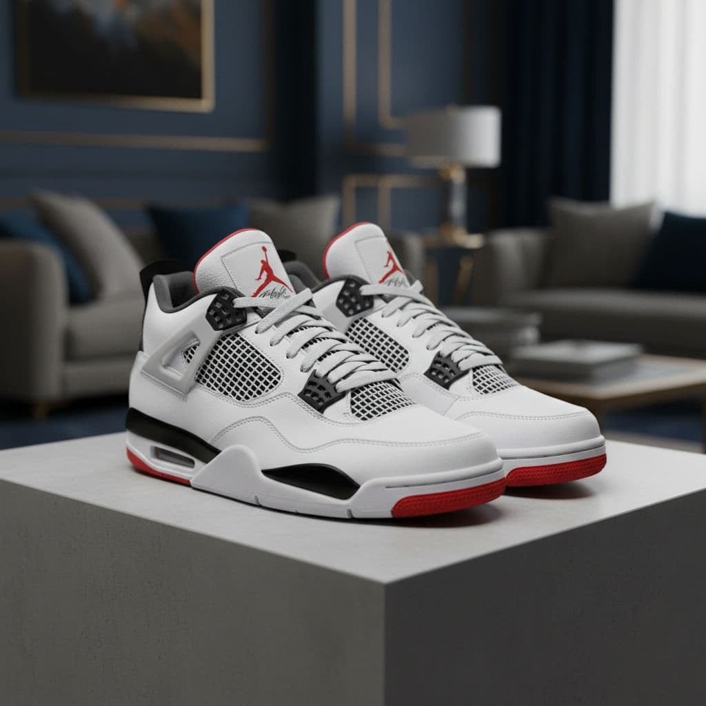 A pair of premium sneakers rests on a sleek minimalist surface. Soft blue lighting accentuates the leather layers, mesh panels, and structural plastic wings that define the iconic athletic silhouette.