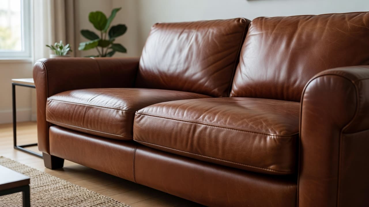 A close-up view reveals the rich grain and soft texture of a premium leather couch. Placed in a sunlit room, the cushions display expert stitching and deep, inviting brown tones.