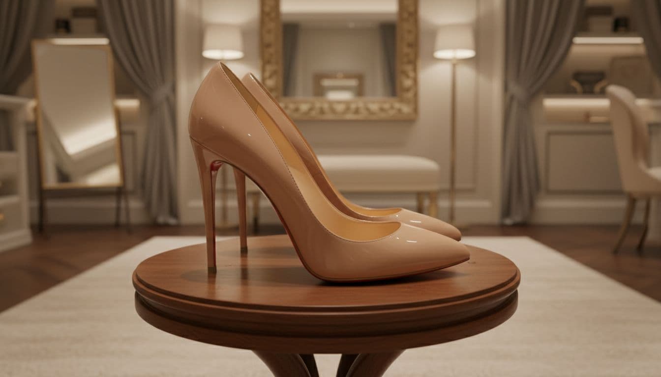 Side view of classic nude Christian Louboutin high-heeled pumps with iconic red bottoms on a wooden display stand in a sophisticated dressing room. Photorealistic detail highlights glossy leather, pointed toe, slim stiletto heel, and shine under warm ambient lighting.