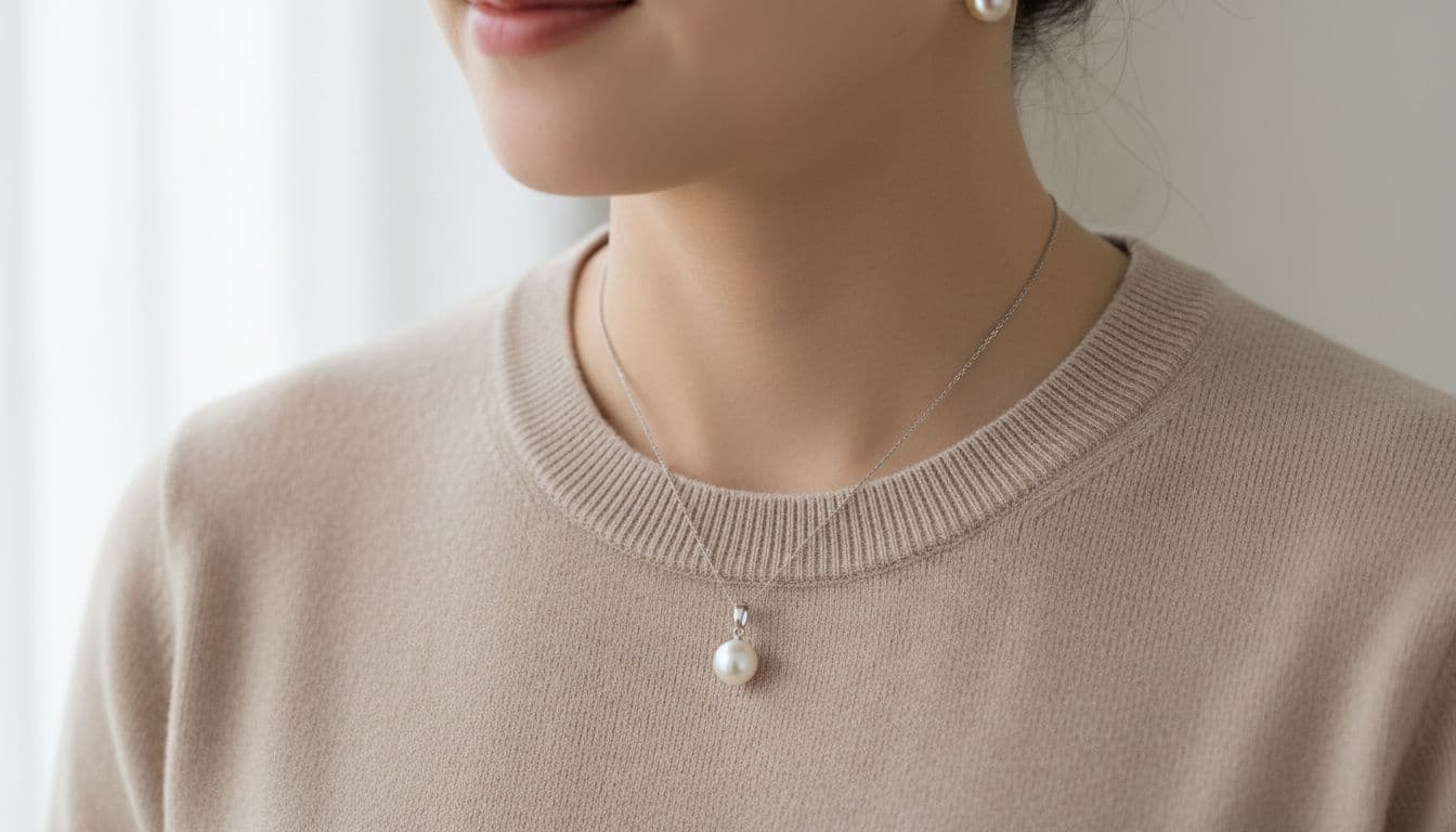 A woman wears a delicate pearl pendant necklace and matching stud earrings with a neutral knit jumper.