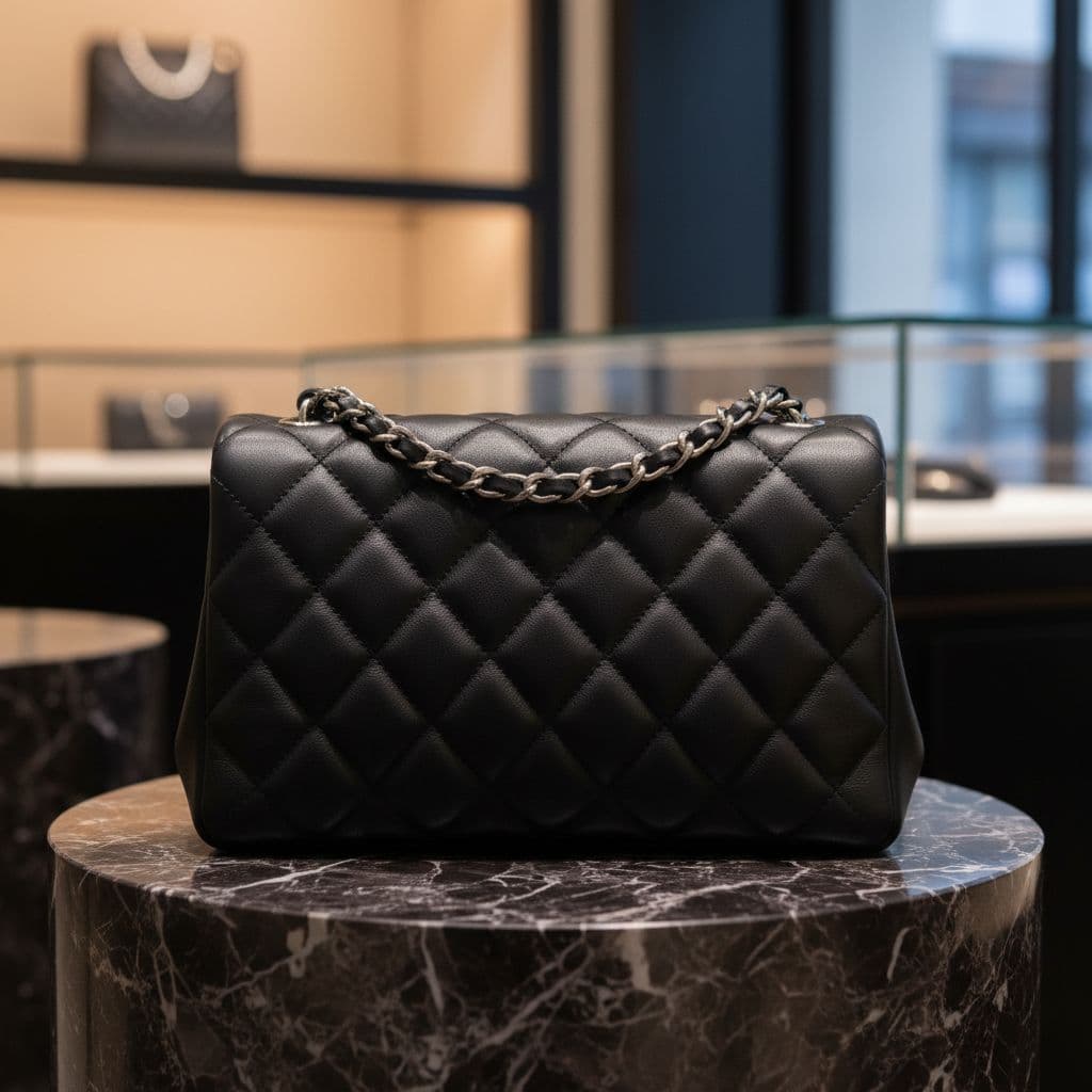 A luxury black quilted leather handbag features a metallic chain strap against a minimalist boutique backdrop.