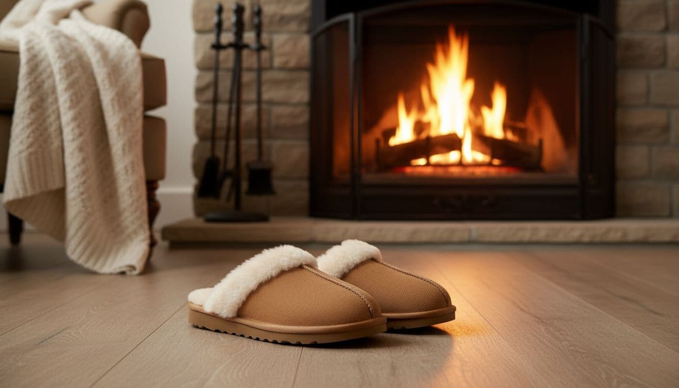 Close-up of a pair of classic tan UGG slippers on a wooden floor beside a cosy fireplace in a UK living room, with soft sheepskin lining visible and warm glowing flames.