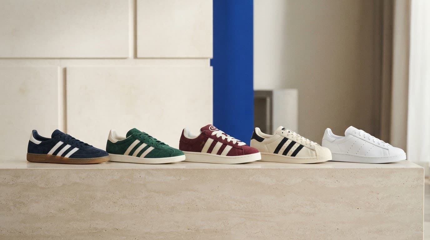 Five classic low-top trainers arranged on a stone plinth in a blue and neutral studio.