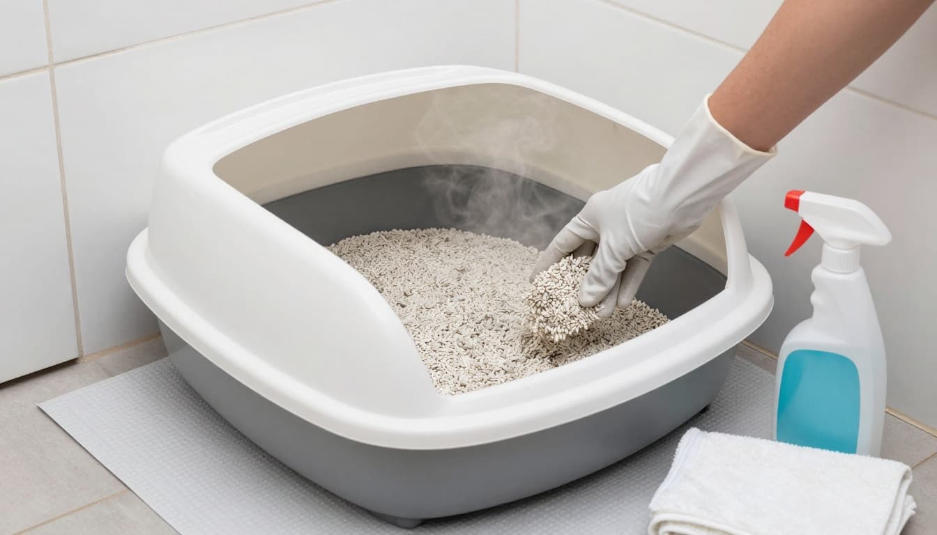 Clean and tidy cat litter box area in a small UK home bathroom with freshly filled low-dust litter on a waterproof mat and a gloved hand scooping a clump, alongside cleaner spray and towel.