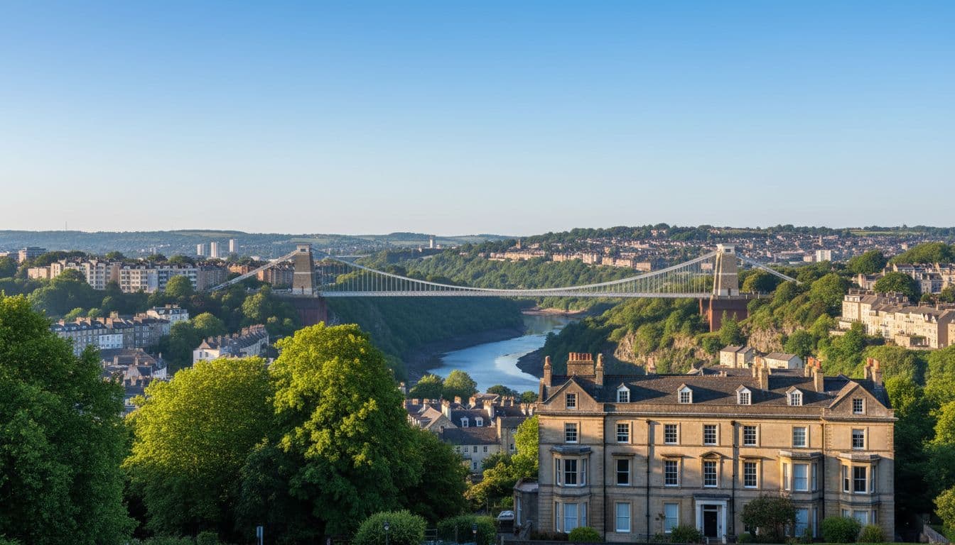 Clifton Suspension Bridge spans Avon Gorge with foreground Georgian houses, trees, and distant cityscape.