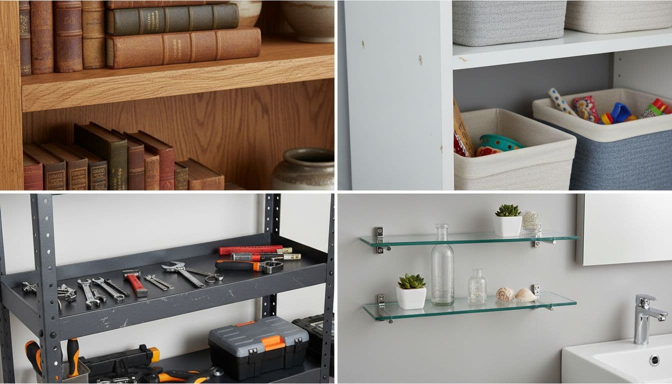 Close-up grid comparison of solid wood, painted MDF, metal racks, and glass shelves in workshop, garage, and home settings, highlighting textures, finishes, and usage with books, tools, and decor.