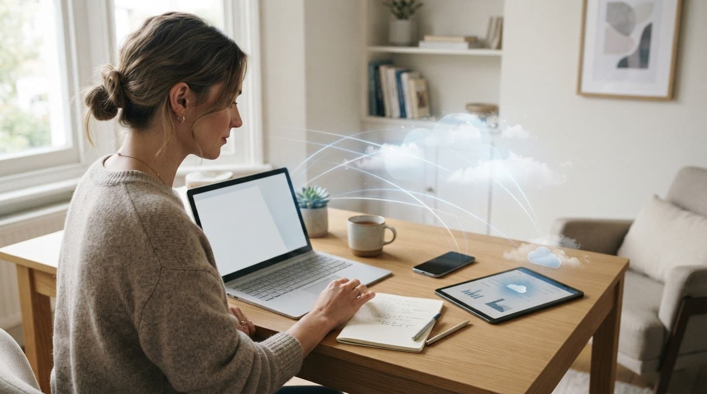 OneDrive Guide: How to Use It, Share Files and Choose a Plan 1 A person uses a laptop beside a phone and tablet in a bright home office.