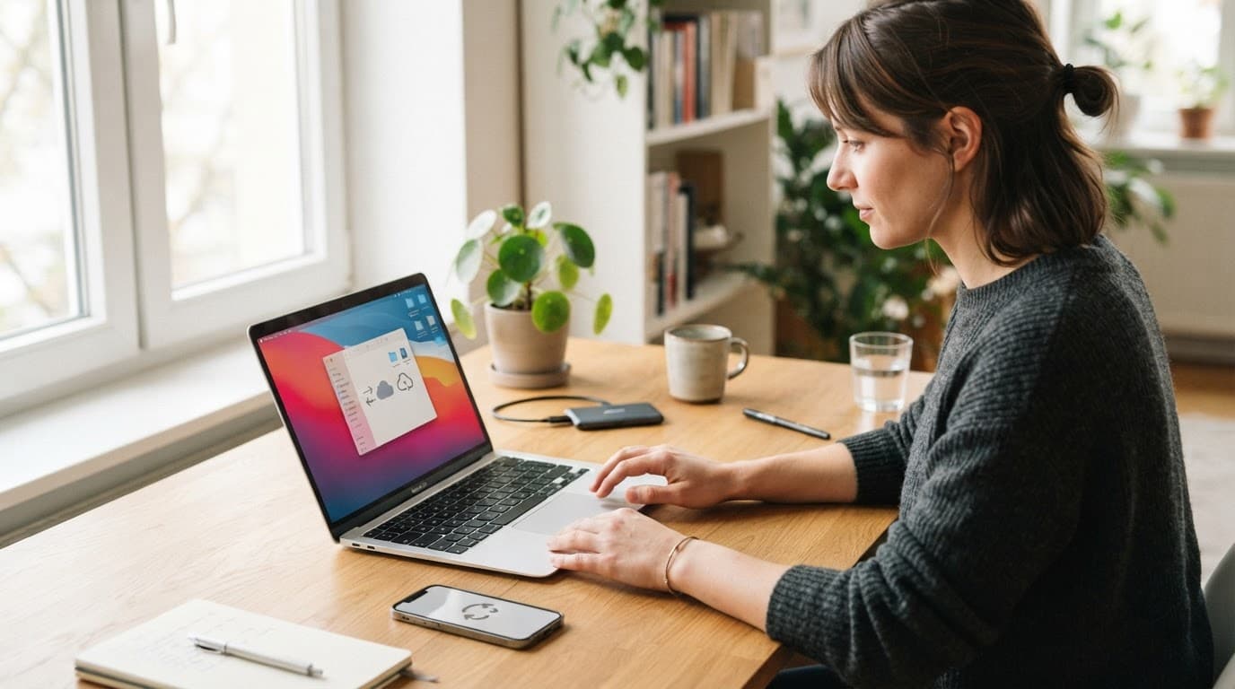 OneDrive Guide: How to Use It, Share Files and Choose a Plan 2 Person setting up cloud sync on a laptop with a phone and external drive nearby.