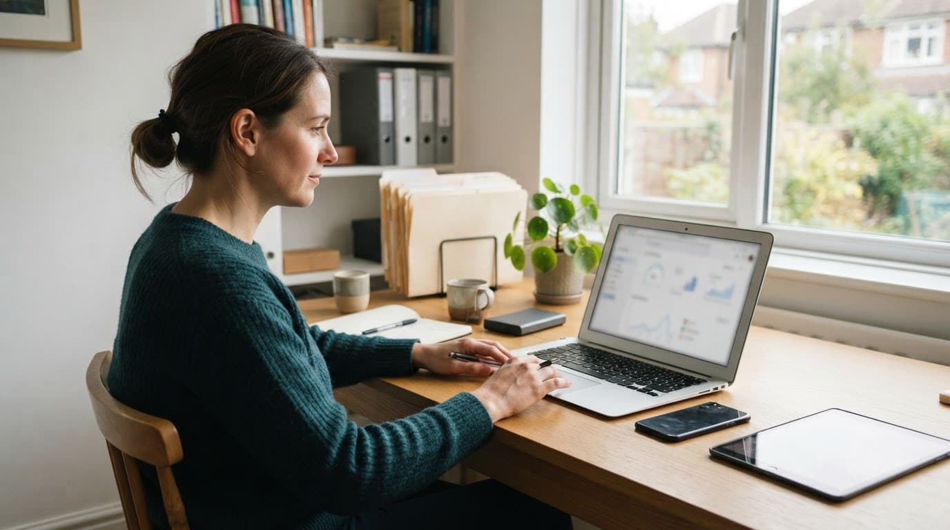 OneDrive Guide: How to Use It, Share Files and Choose a Plan 8 Person using a laptop with a phone and tablet nearby.