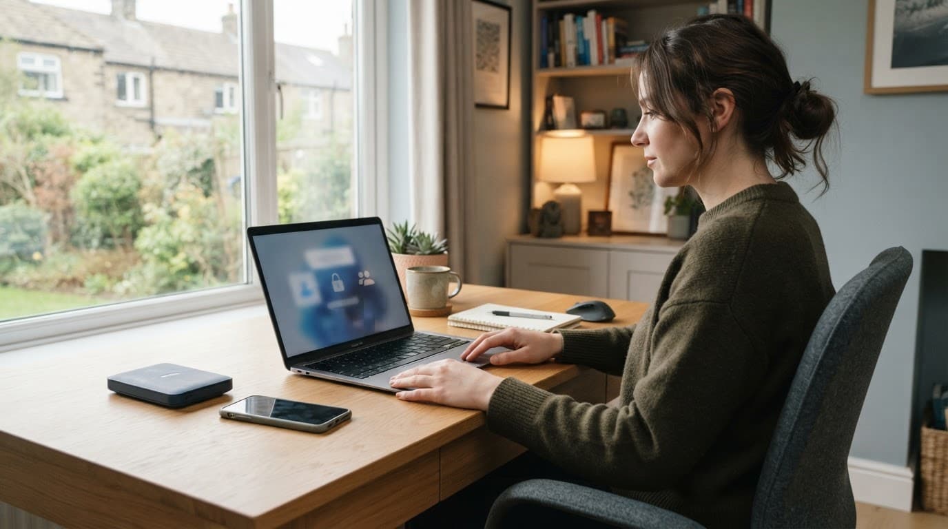 OneDrive Guide: How to Use It, Share Files and Choose a Plan 6 Person reviewing cloud security on a laptop beside a phone and external drive.
