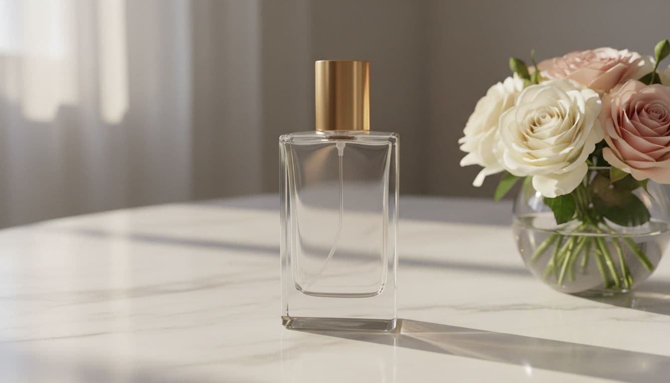 Sleek rectangular clear glass perfume bottle with gold cap on white marble vanity next to roses, soft natural light reflections, high-detail product photography.