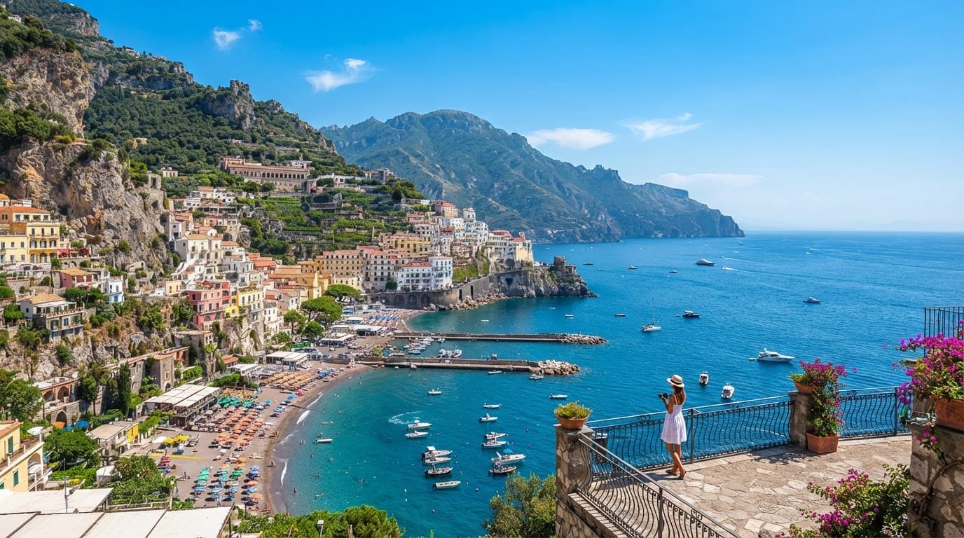 Flights Guide: How to Choose and Book the Right Holiday Flight 4 A coastal town beside blue sea with one person near the shore.