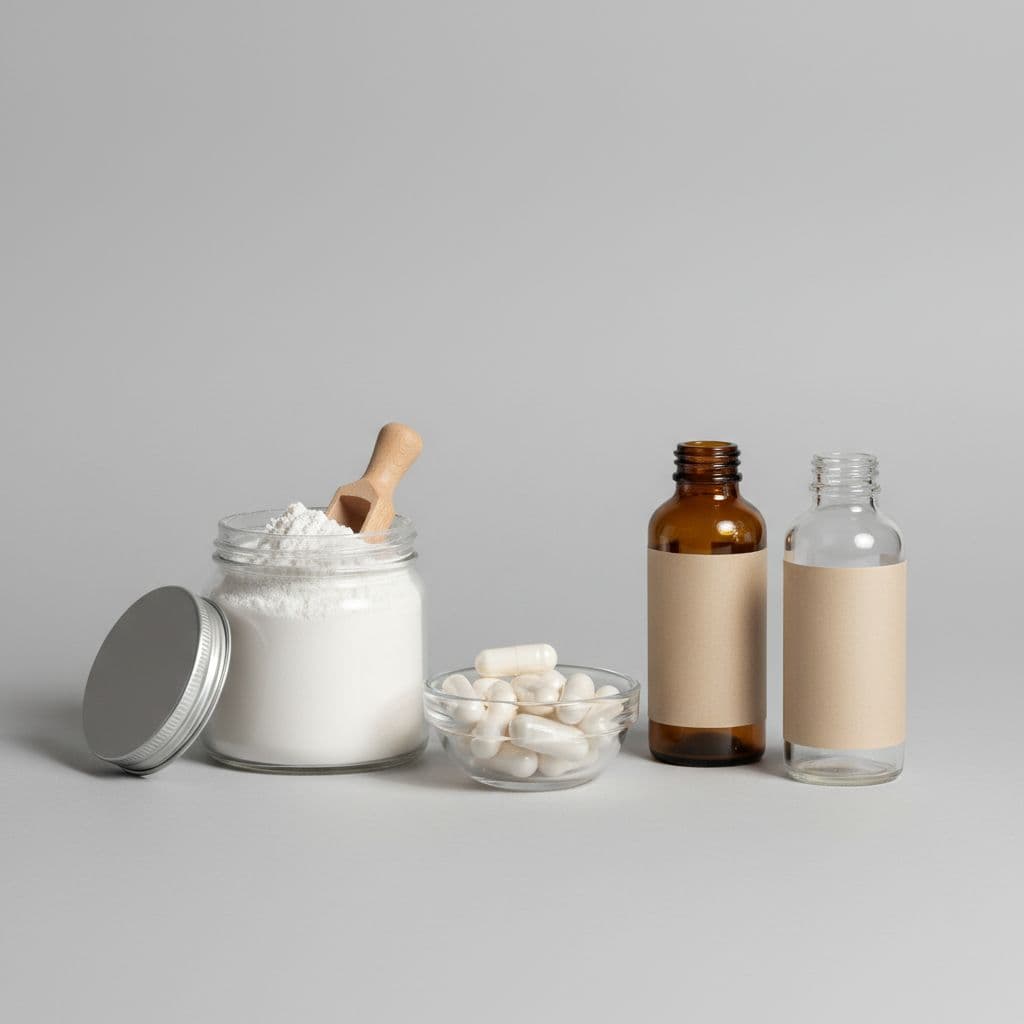 Open jar of white collagen powder, glass bowl of capsules, and sleek glass bottles on neutral grey surface.