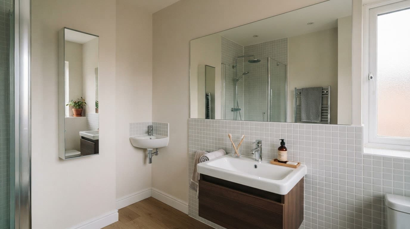 Small bathroom with a wide mirror, compact basin, mirrored cabinet, and corner sink.