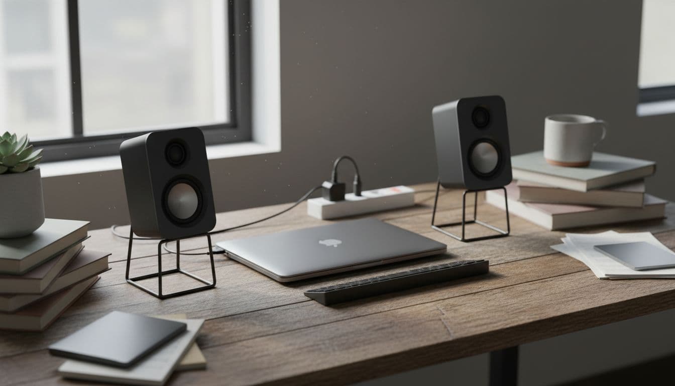 Pair of compact black PC speakers on stands positioned either side of a closed laptop on a cluttered wooden desk in a bright UK home office, natural daylight, slight top-down angle, realistic photo.