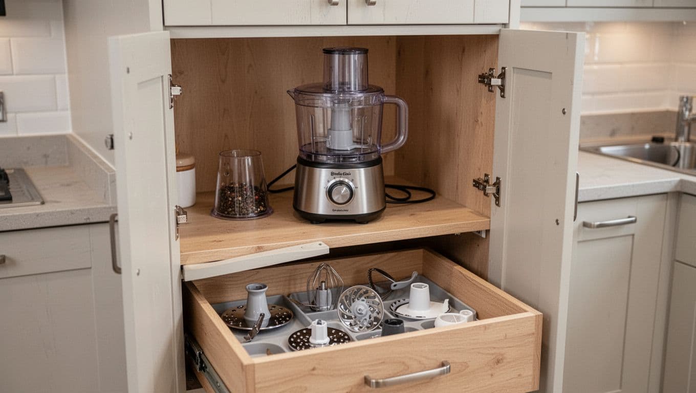 Compact food processor stored in a modern UK kitchen cupboard with attachments organized in the drawer below, featuring soft ambient lighting and a realistic tidy interior focused on easy storage and cleaning.