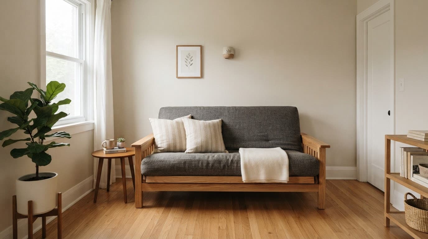 Futon Beds: A Practical Buyer's Guide for UK Homes 2 A wooden futon sits neatly in a small neutral bedroom.