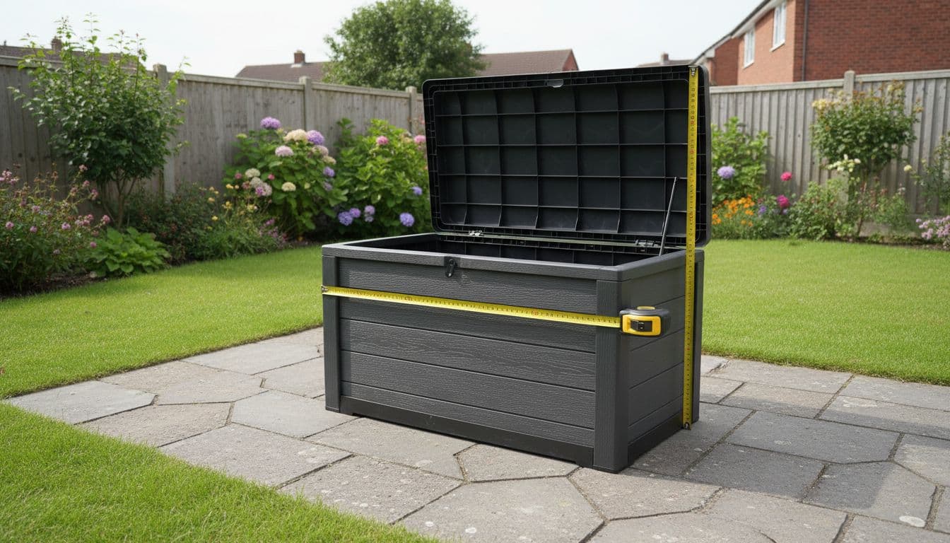 A compact garden storage box on a paved patio in a typical UK backyard garden, with a tape measure showing width, depth, and height clearance with lid open, in natural daylight.
