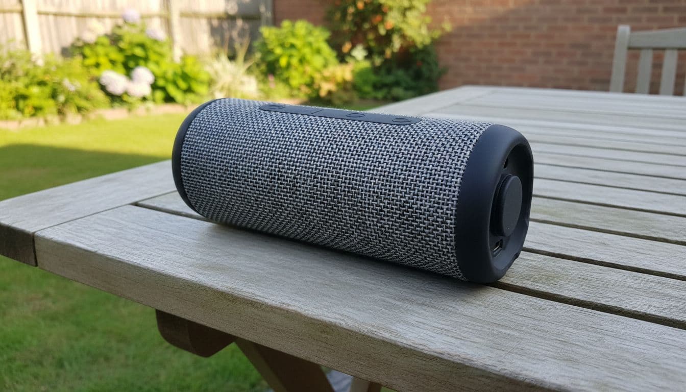 Compact portable Bluetooth speaker on a garden table in a typical UK backyard during a sunny afternoon, captured in close-up with natural lighting and blurred grass background.