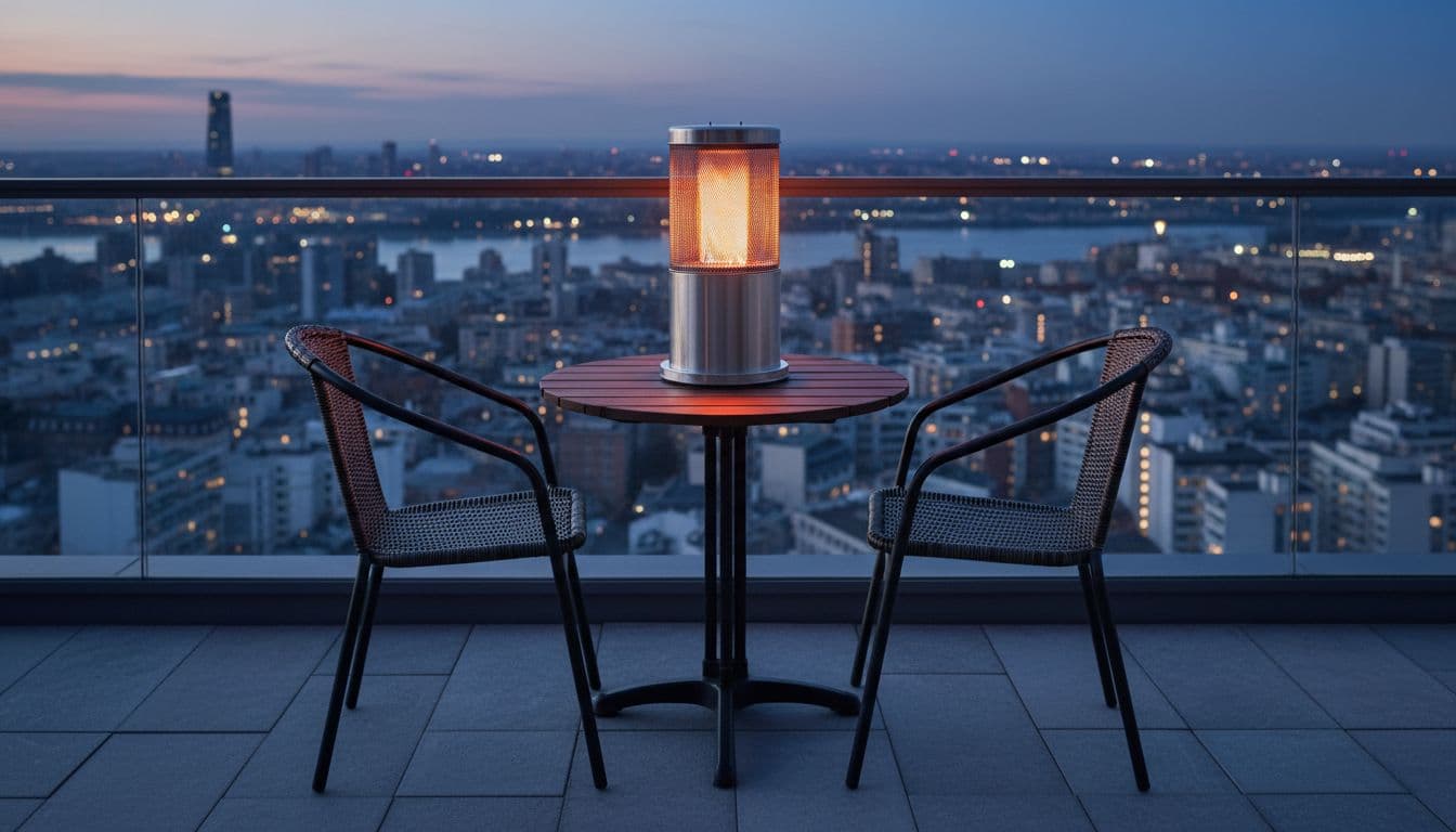 A compact tabletop patio heater placed on a small UK balcony table with two chairs, featuring a city view in the background and warm evening glow from the heater.