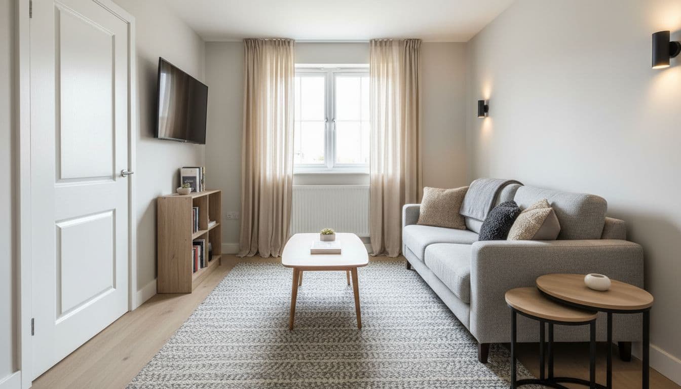 Eye-level view of a compact UK rental lounge showing TV over radiator, sofa opposite, and clear door swing