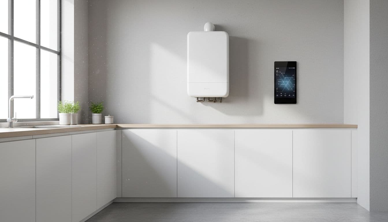 Sleek compact modern wall-mounted boiler with integrated smart thermostat controls in a bright contemporary UK kitchen, showcasing space-saving design and intelligent features under natural window light.