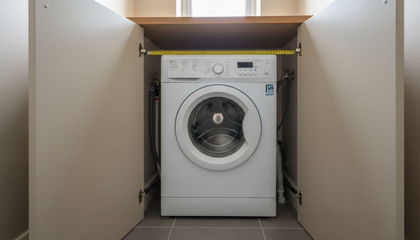 Compact washing machine installed in small UK utility cupboard with door open and measuring tape showing precise fit, plumbing hoses visible in practical alcove under natural light.