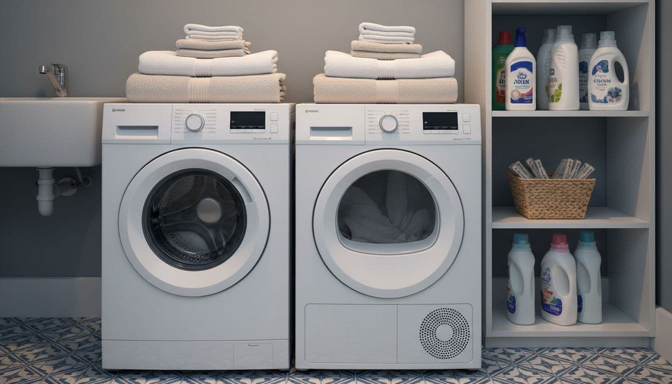 White front-loading washing machine next to matching tumble dryer in a compact UK utility room, doors closed, neatly folded towels on top, tiled floor and shelves with detergents.