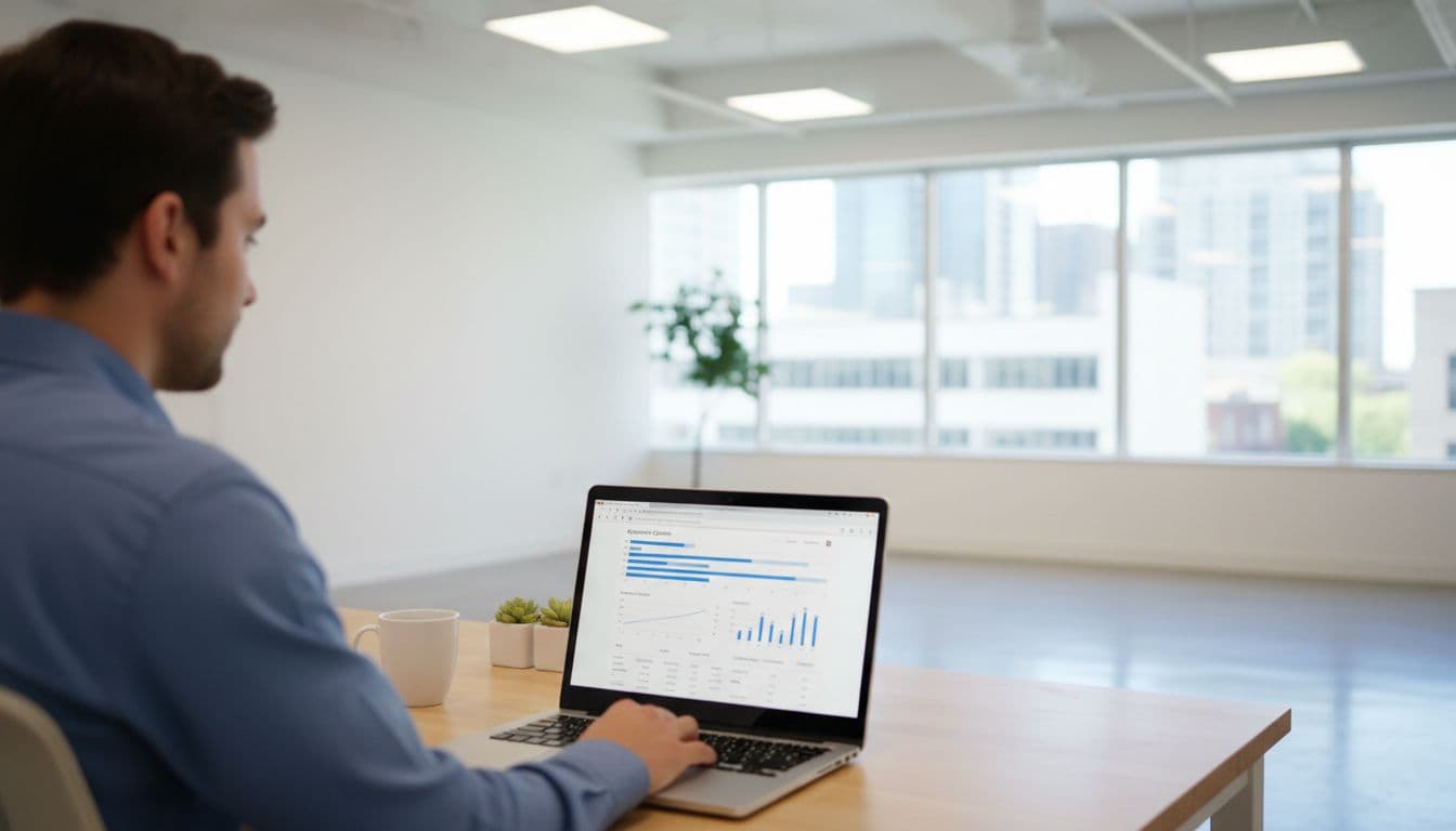 A person uses a laptop in a bright office to view appliance comparison charts.