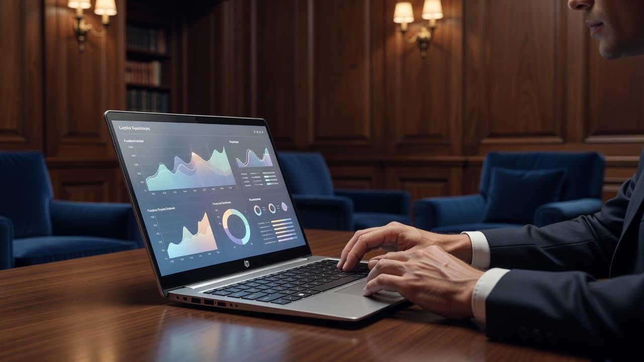 A focused individual analyzes glowing data charts and comparison graphs on a high-end laptop. The scene is set within a luxurious wood-paneled library featuring rich blue fabric accents and soft lighting.