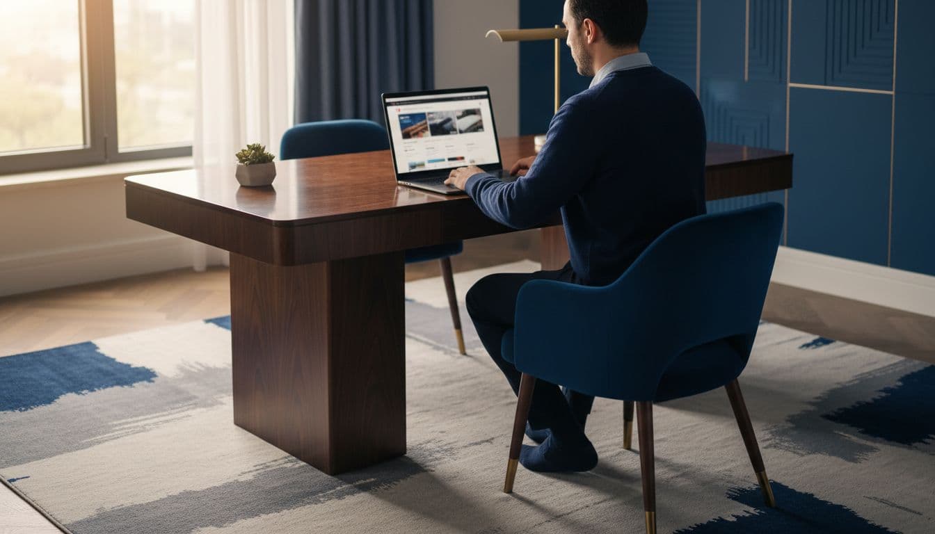 A person sits at a clean desk using a laptop to view mattress specifications. The interior features elegant deep blue accents and soft natural light within a professional, modern home office.