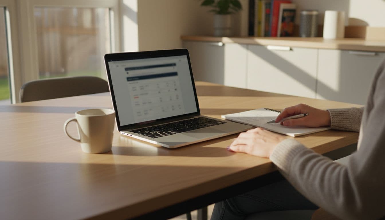 A person in casual clothes sits relaxed at a wooden kitchen table with an open laptop showing a blurred appliance comparison page, taking notes on paper beside a mug of tea. Modern UK home interior bathed in warm afternoon light through the window, realistic candid photo of one person.