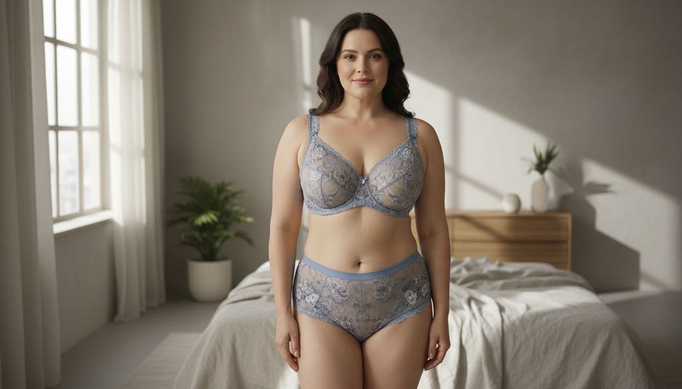 Confident woman with fuller bust wearing stylish supportive lace bra and matching briefs in a bright sunlit bedroom with neutral decor, realistic fashion photography.
