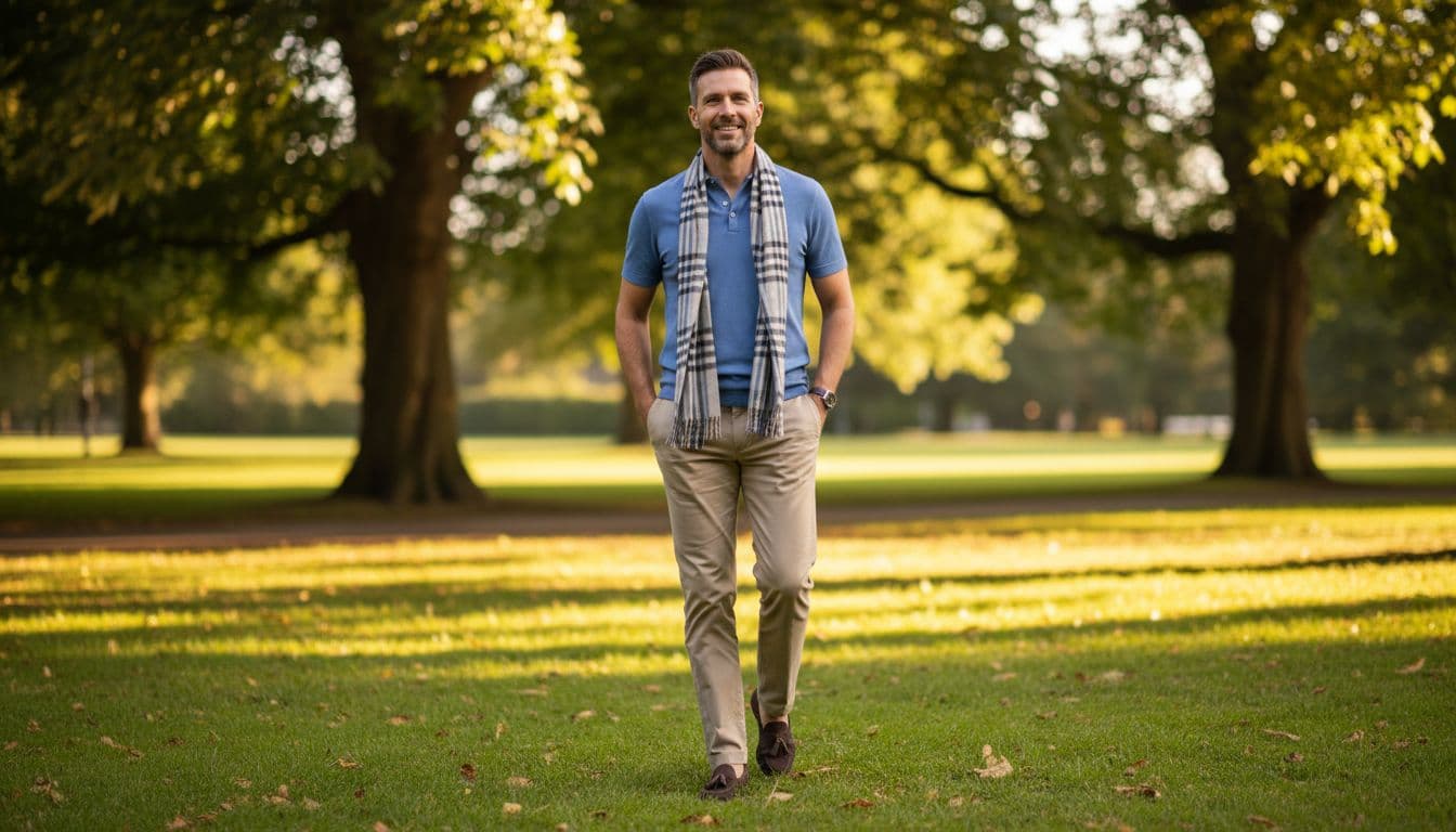 A confident man in his late 30s, dressed in a slim-fit soft blue polo shirt, tailored chinos, leather loafers, and a check pattern scarf, walks relaxed through a British park with trees in the background under soft afternoon sunlight.