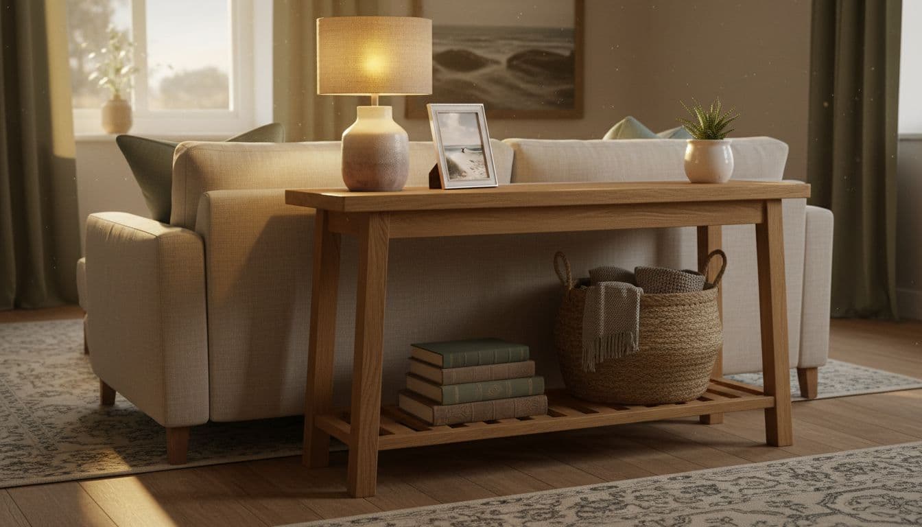 Wooden console table behind a low sofa in a cosy UK living room, featuring a lower shelf with books and basket, top with lamp, framed photo, and small plant under warm evening light. Photorealistic home interior with exactly one table and one sofa, table filling half the frame.