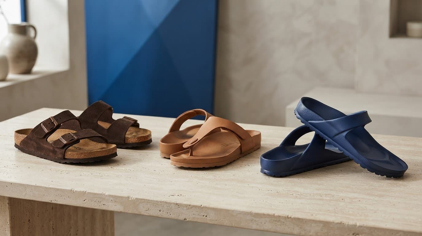 Three sandal pairs display contoured cork, leather-style, and EVA footbeds on a stone surface.