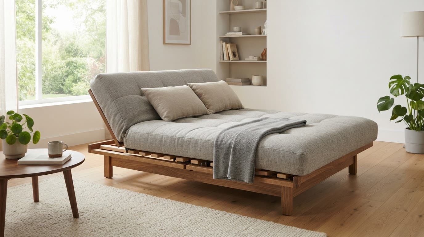 Futon Beds: A Practical Buyer's Guide for UK Homes 1 A modern futon halfway between a sofa and bed in a bright living room.
