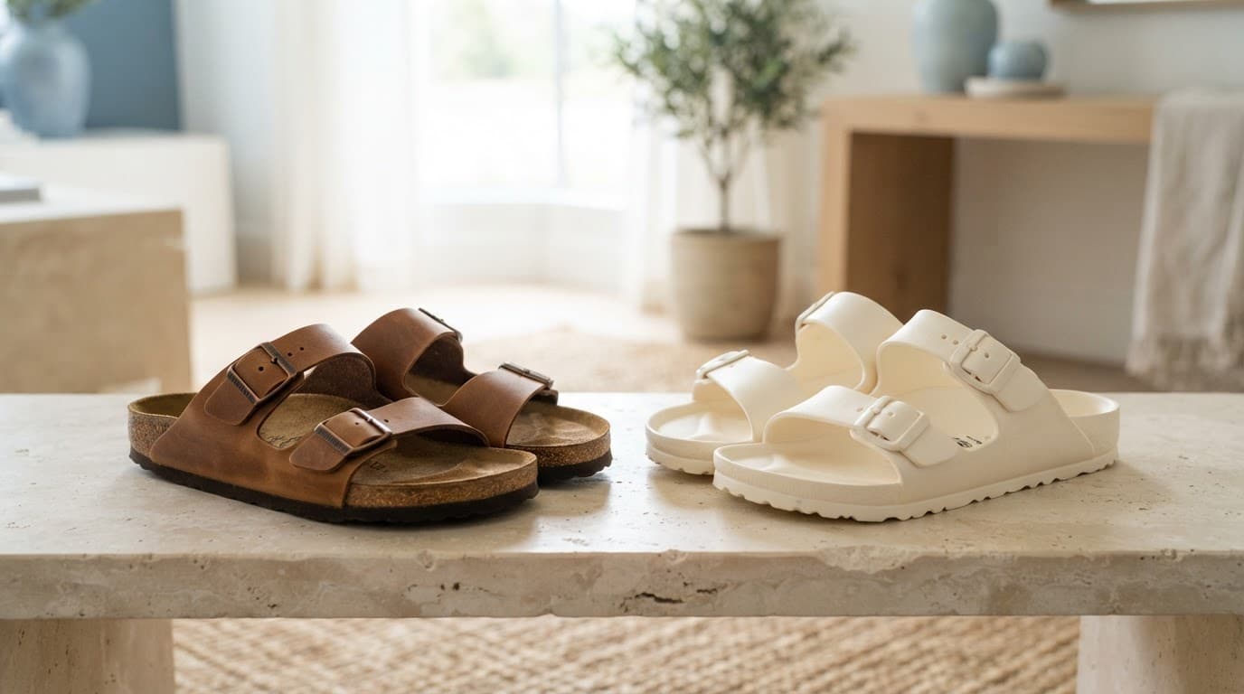 Cork footbed and EVA sandals sit side by side on a pale stone bench.