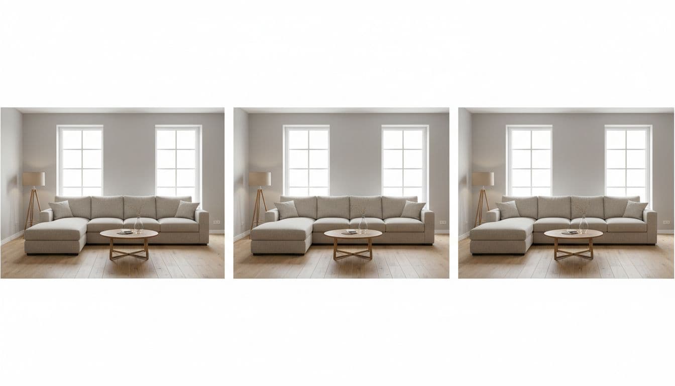 Modern UK living room showing three corner sofa bed layouts side by side: left-hand facing L-shape with chaise on left, right-hand facing with chaise on right, and reversible corner unit. Neutral beige upholstery in natural daylight with simple decor.