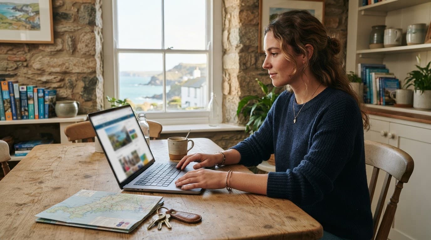 Traveller reviewing holiday accommodation on a laptop beside a map, keys, and coffee.