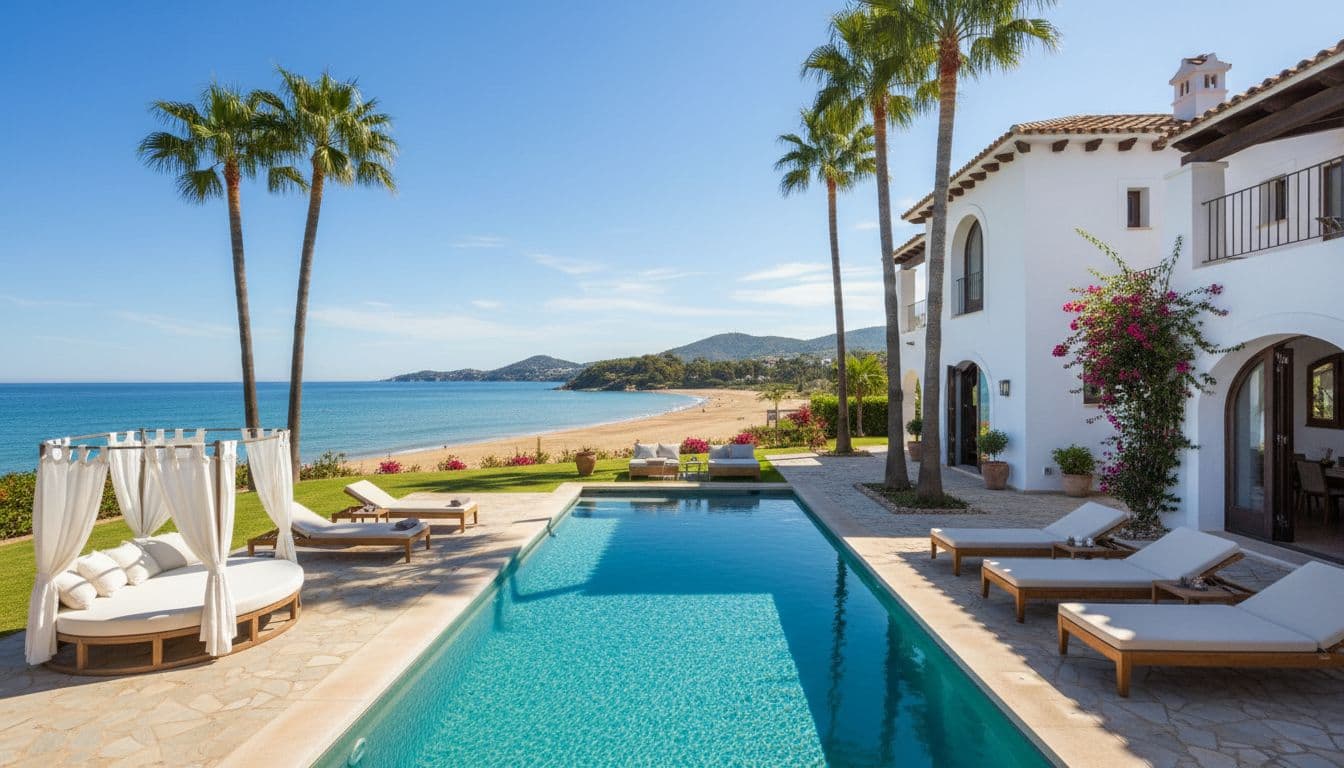 Modern Spanish holiday villa on Costa del Sol coast with private pool and garden terrace overlooking sandy beach and Mediterranean Sea, featuring whitewashed walls, terracotta roof, palm trees, sunny midday light, and relaxed outdoor seating in photorealistic landscape composition.