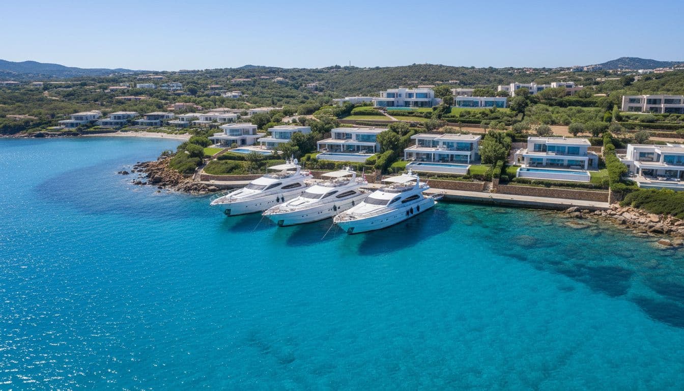 Aerial view of an elegant marina in Costa Smeralda, Sardinia, with exactly three luxury yachts moored in a crystal-clear turquoise bay, backed by white modern villas on terraced green hills under a sunny blue sky. Photorealistic landscape in vibrant natural colors, no people, text, watermarks, or logos.