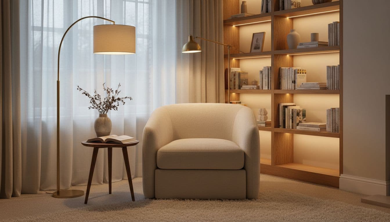 Cosy north-facing living room lighting with floor lamp, wall light and LED shelf lighting