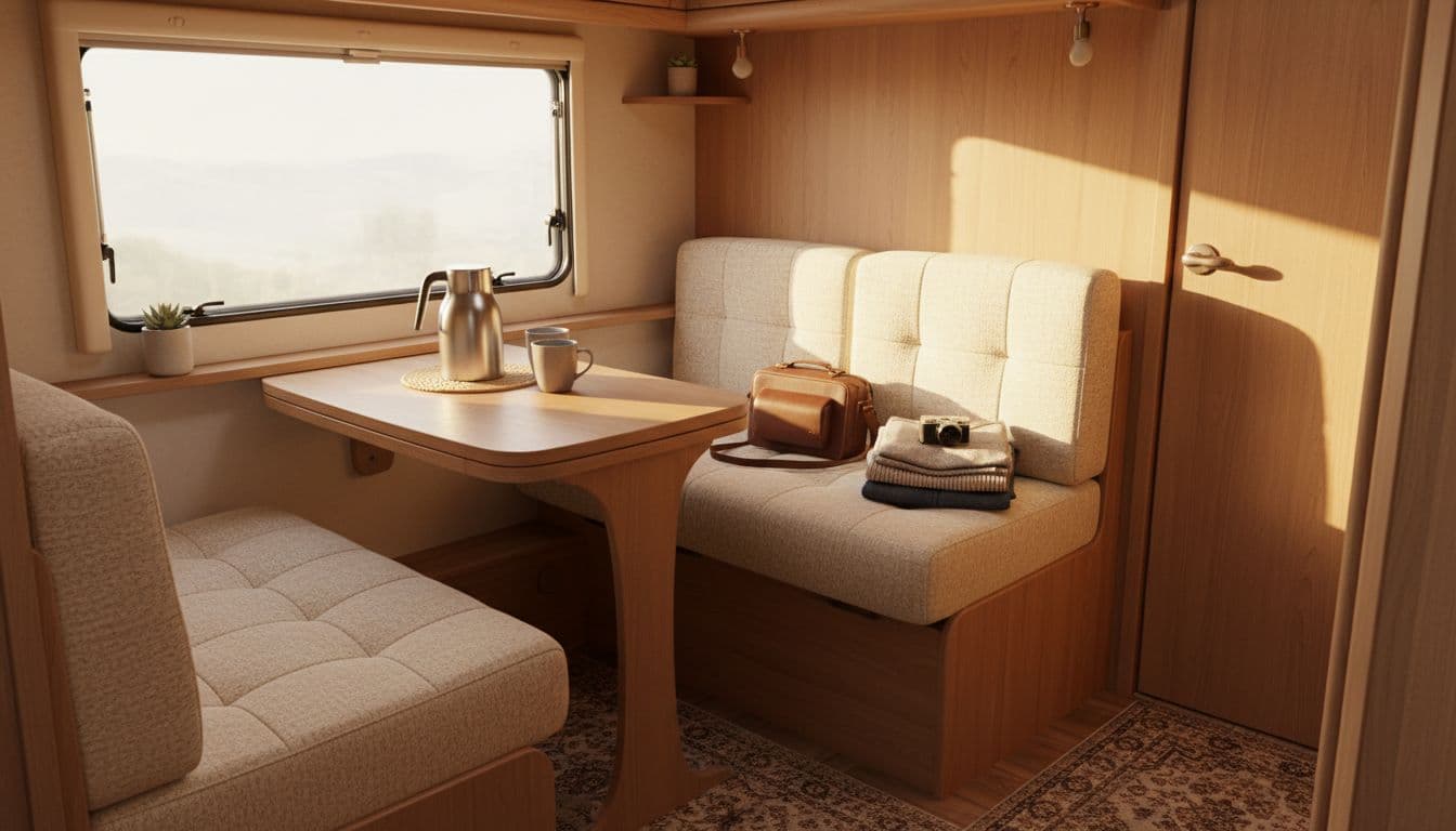 Cosy interior view of a touring caravan showing built-in seating, table with kettle and mugs, camera bag and folded clothes on bench, warm sunlight streaming through window, realistic photograph.
