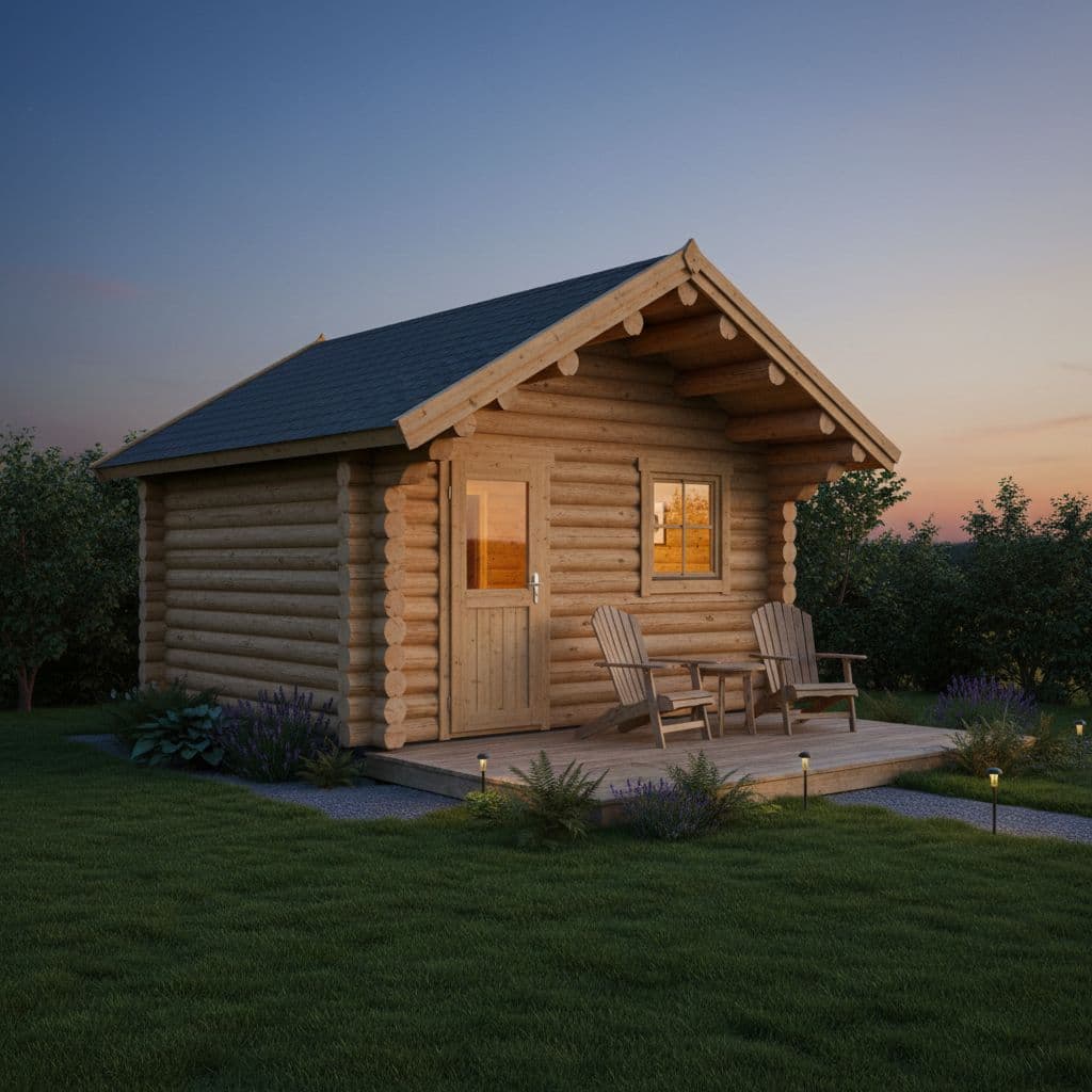 Well-built log cabin with simple features at dusk