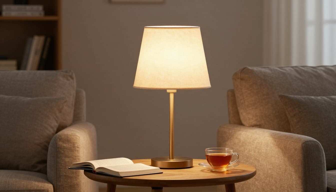 Realistic photorealistic image of a modern table lamp with fabric shade on a wooden side table next to an armchair, illuminating a book and tea cup in a cosy UK living room with warm lighting.