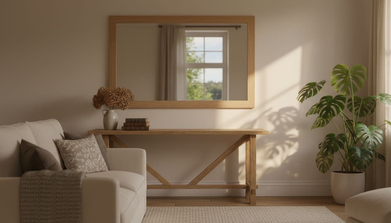 A cosy UK living room with a large rectangular wall mirror opposite a window, reflecting natural daylight to make the space feel brighter and larger. Soft afternoon light bounces off the simple wooden-framed mirror above a console table, illuminating the room with a comfortable sofa and potted plant in the foreground.