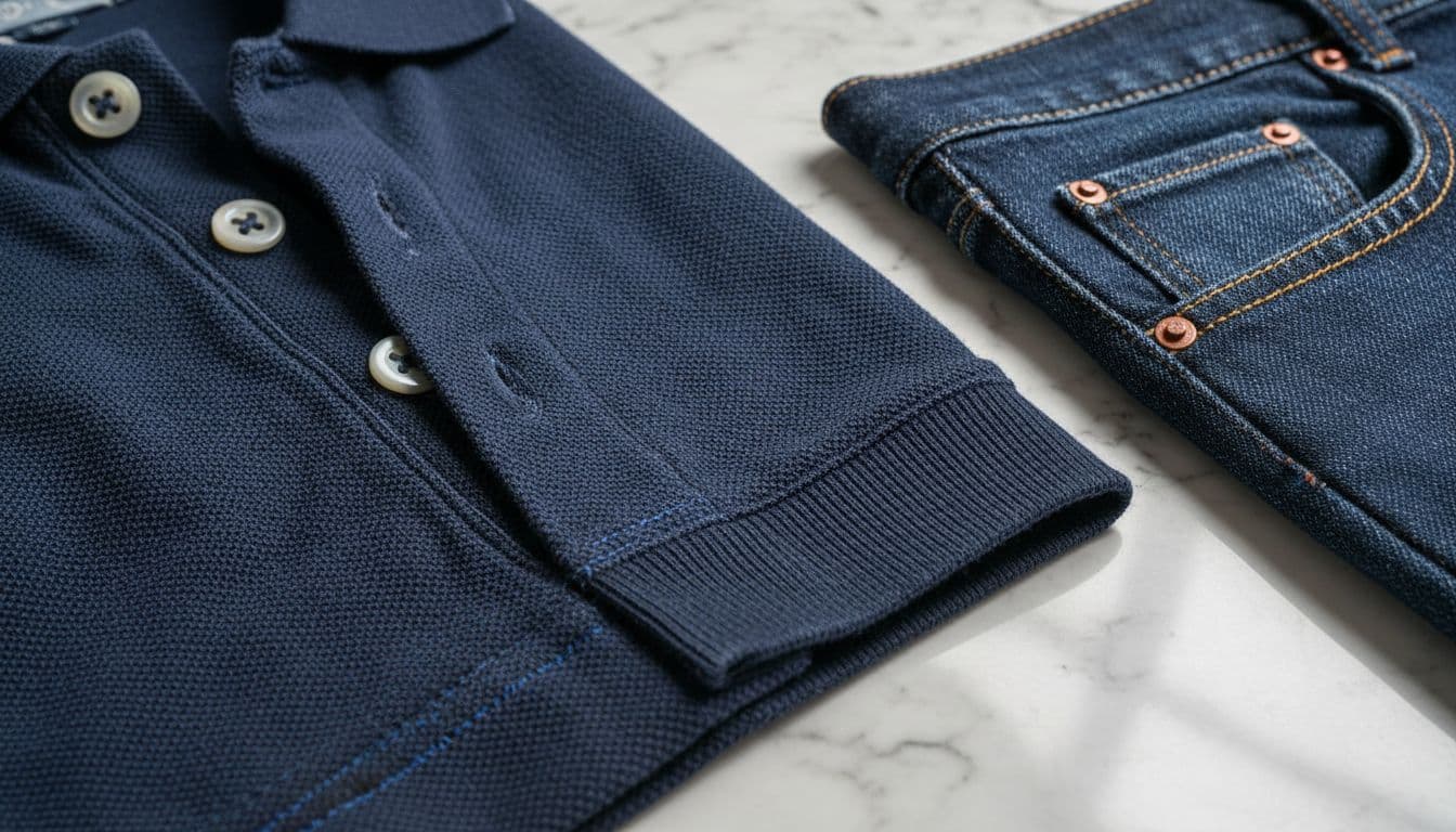 Macro view of cotton-blend polo and jeans fabric showing stitching, seams, and trims on marble countertop.